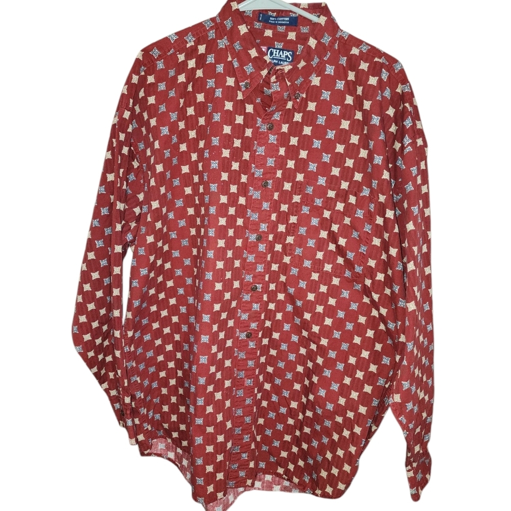 VTG Chaps Ralph Lauren long Sleeve Shirt Mens L Button Up Geometric Reto
